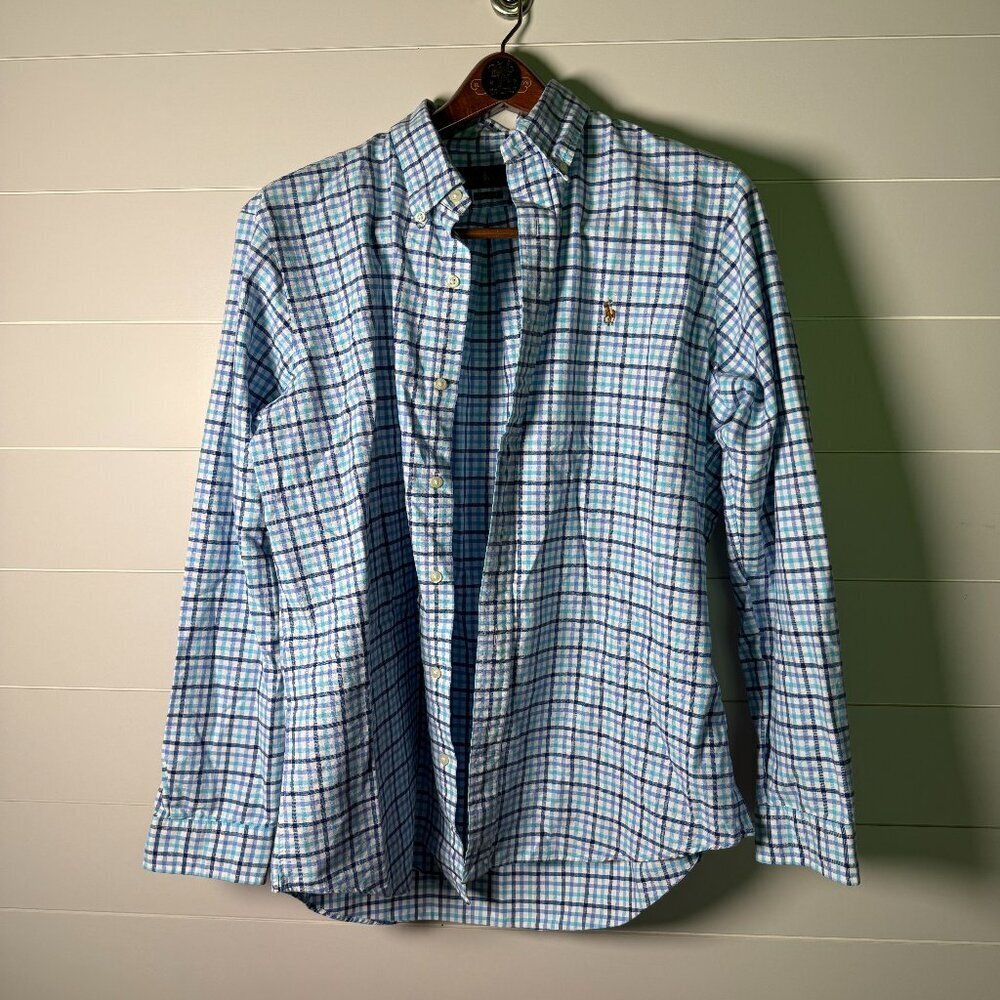Ralph Lauren Long Sleeve Button Down Blue Aqua White Check Sz Large, Classic Fit